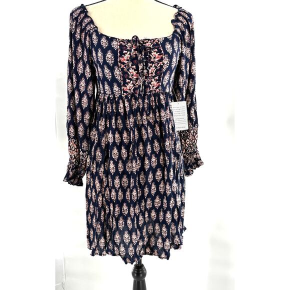 Angie Smocked Boho Floral Dress S NWT Navy Blue Pink Romantic - Picture 1 of 5